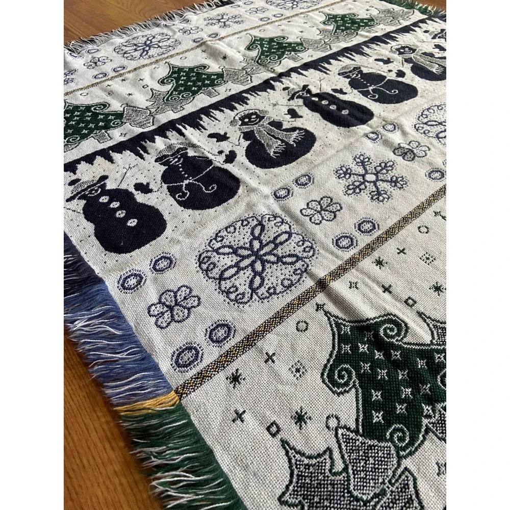 Woven Christmas Throw Blanket Snowman Tree Pattern Blue Green Fringe Winter Holi